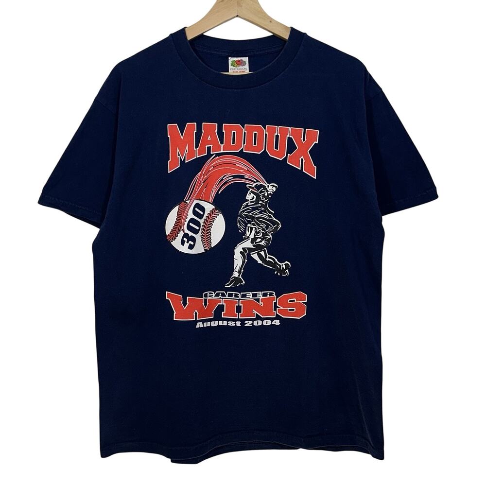 VTG Greg Maddux 300 Win T-Shirt Men Large Majestic Chicago Cubs 2004 Braves Blue